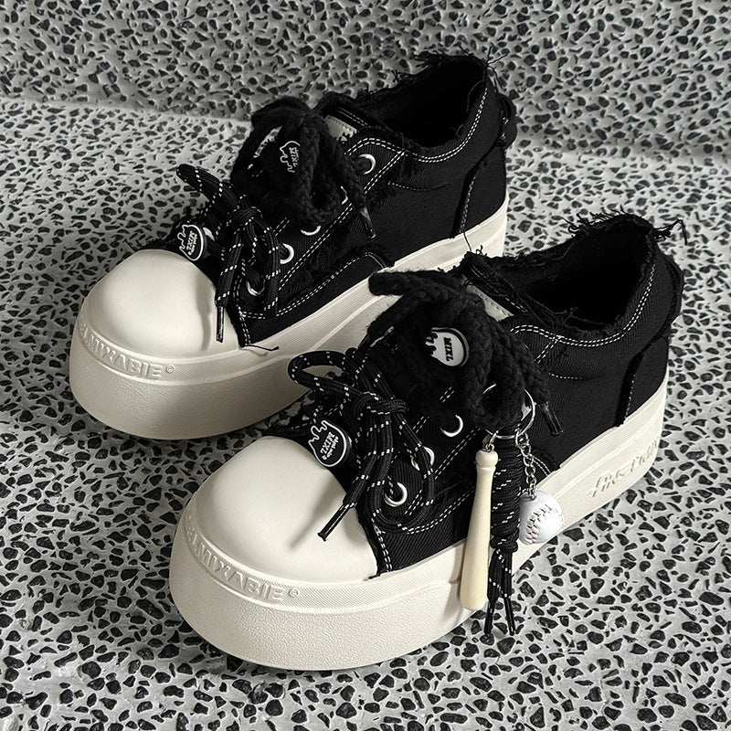 Thick-Soled Round-Toe Mickey Black and White Chunky Sneakers