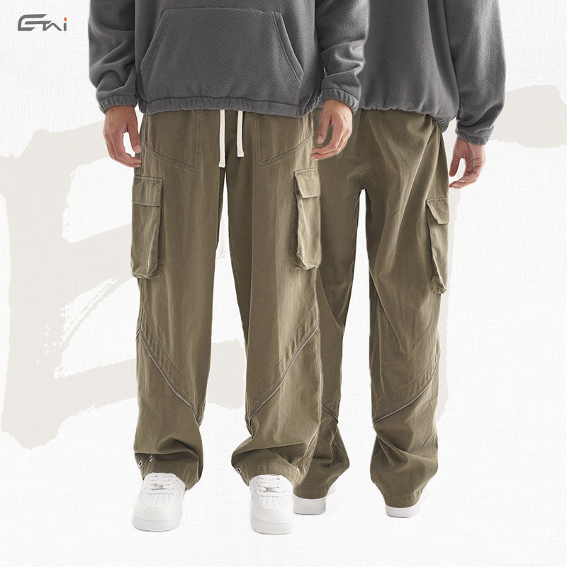 Custom-made streetwear style casual trousers with fashionable zipper patchwork, high-quality belted men's trousers 122