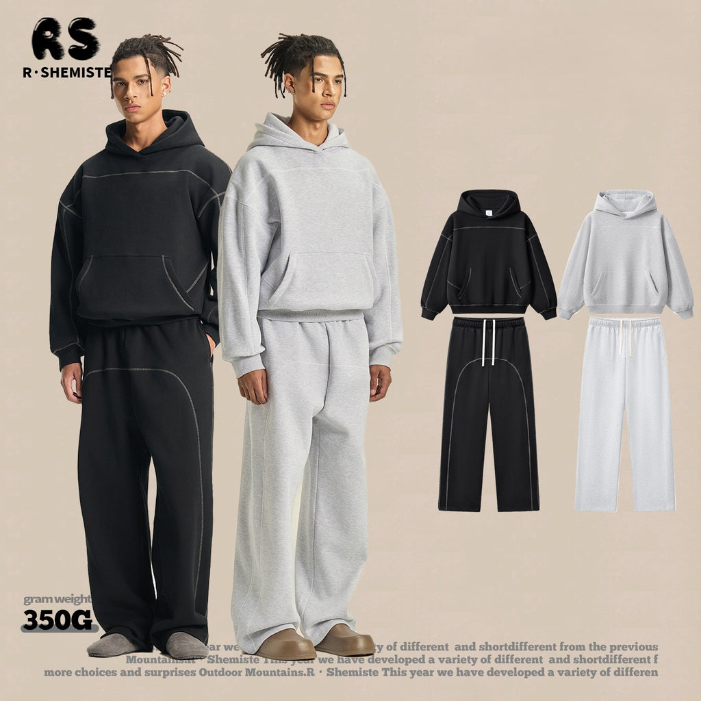 RS Men's Clothing | Cross-border 350G Hasselblad Line Boxy Hoodie Sweatshirt and Sweatpants Set, American Hip Hop Fleece Set 124