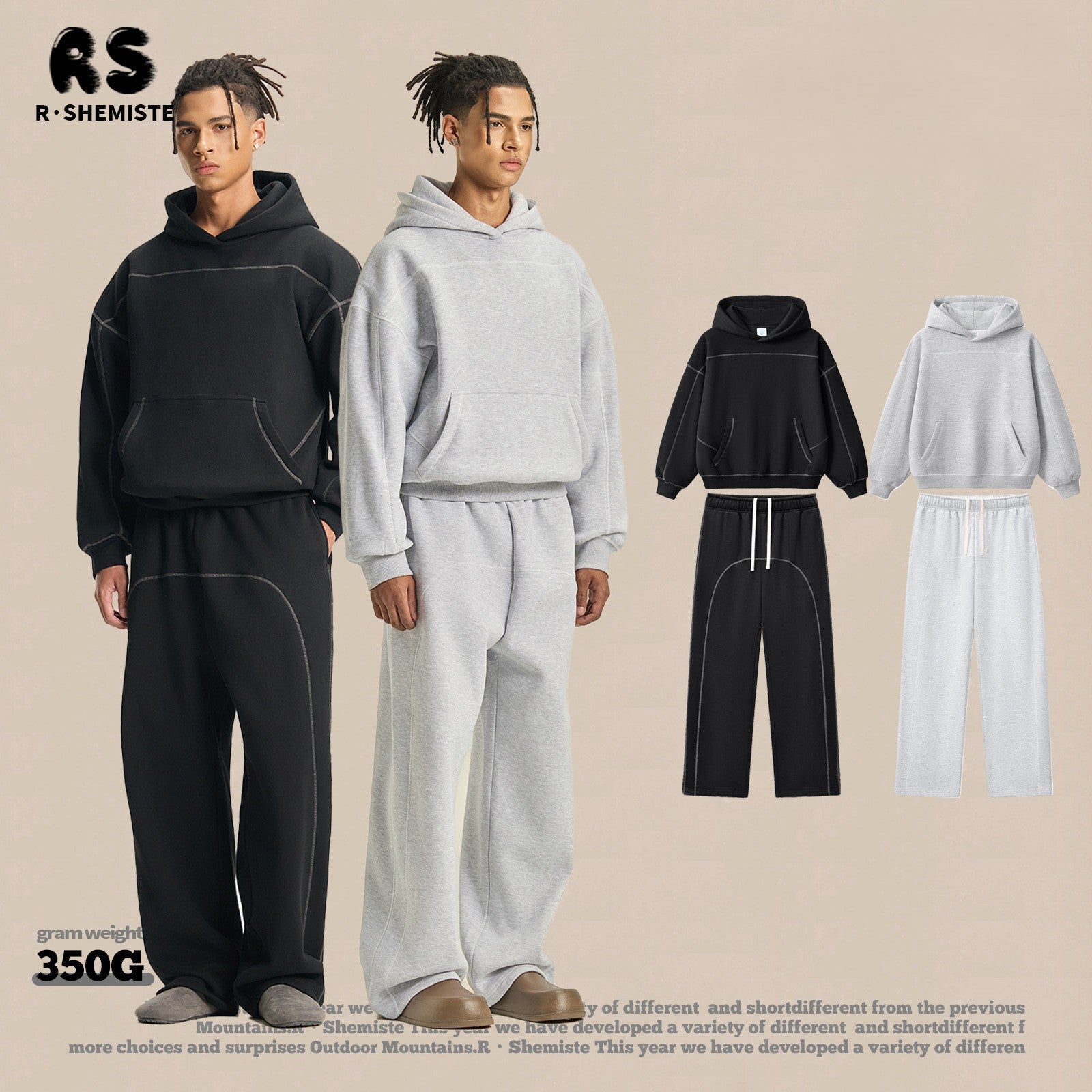 RS Men's Clothing | Cross-border 350G Hasselblad Line Boxy Hoodie Sweatshirt and Sweatpants Set, American Hip Hop Fleece Set 124