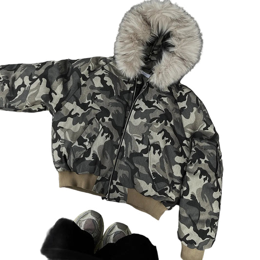 Relaxed fur collar bomber flight quilted hoodie