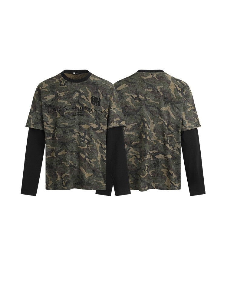 American Retro Camouflage Letter Embroidery Patchwork Faux Two-Piece Long-Sleeve T-Shirt Men's Trendy Sports Top 172