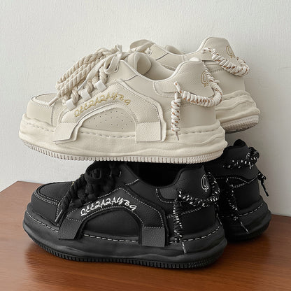 Thick-Soled Black Braided Sports Sneakers