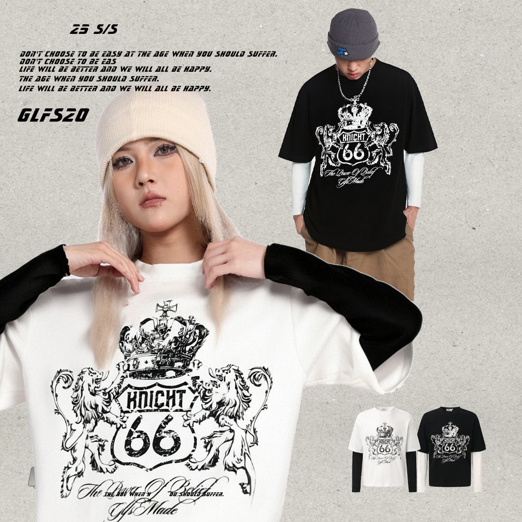 GLFS Subculture Crown Faux Two-Piece Couple Top Long Sleeve Trendy Streetwear Men's Sports Base Layer Autumn Sweatshirt 130