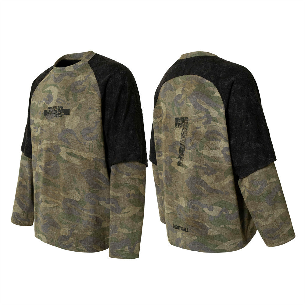 Street punk camouflage long-sleeved T-shirt for men, casual loose fit, spring and autumn, distressed wash, raglan patchwork top, trendy 178