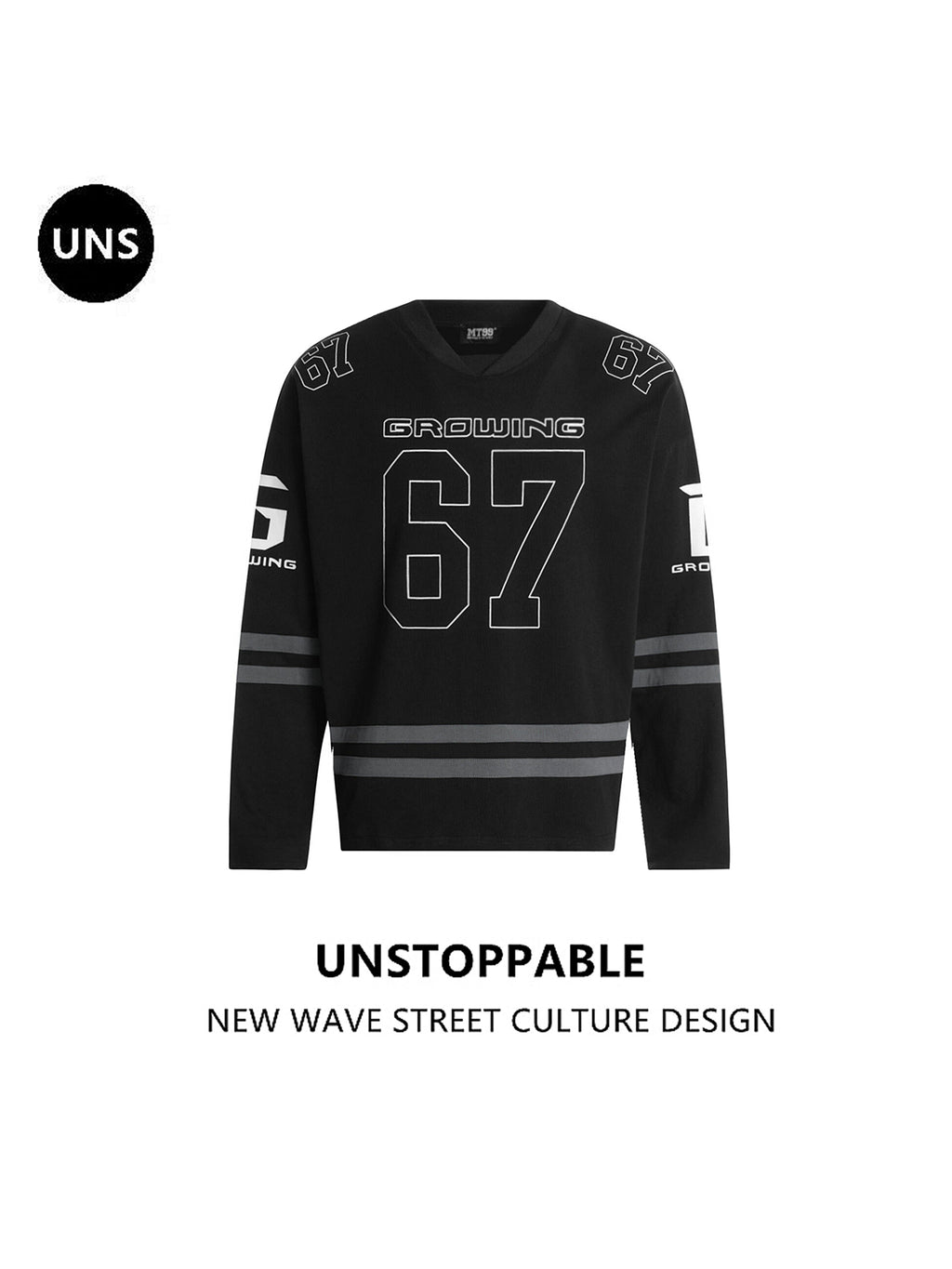 UNS American Street Retro Letter Stripe V-Neck Long Sleeve T-Shirt, Unisex, Trendy Brand, Casual Loose Fit Sports J 138