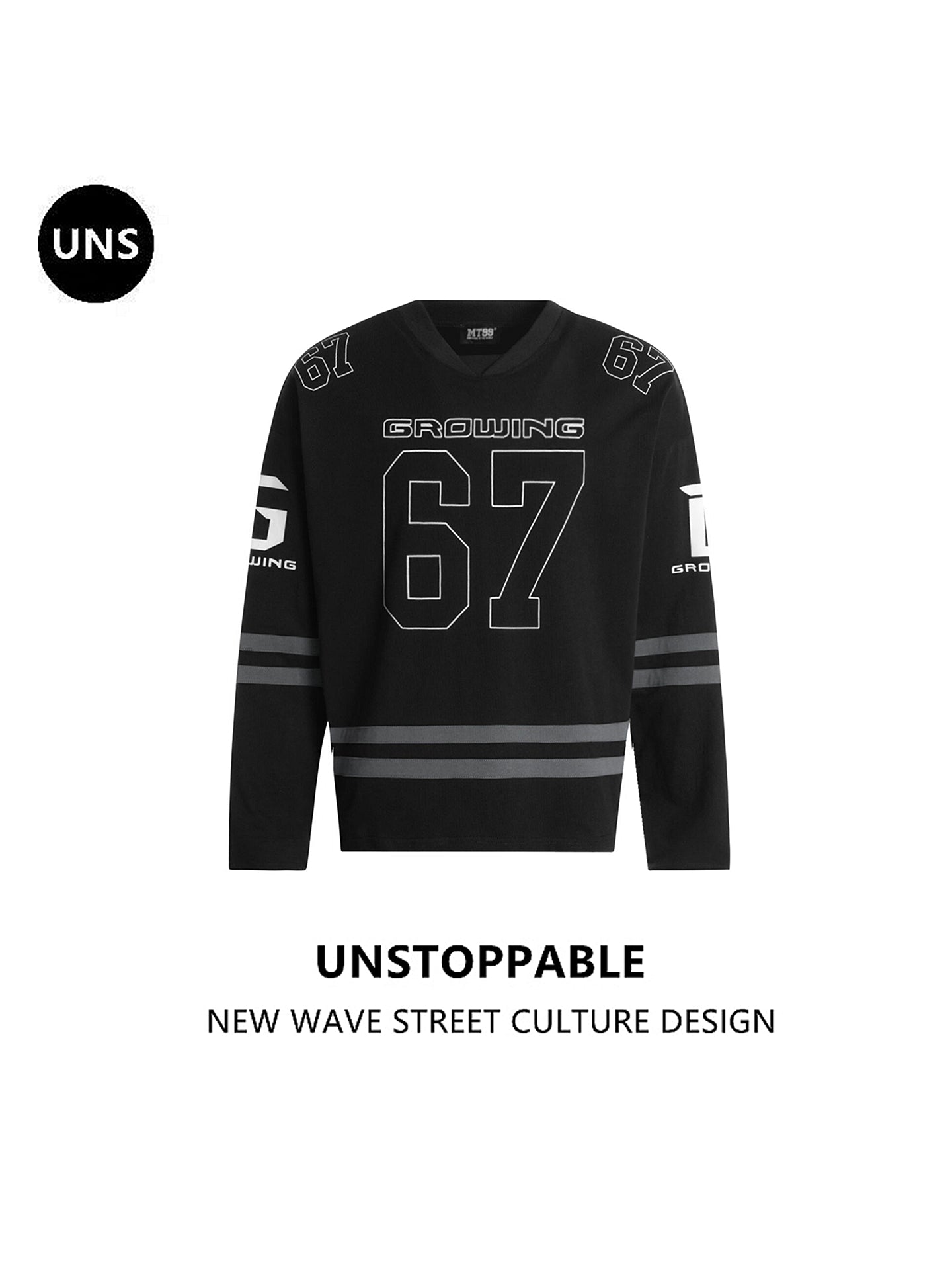 UNS American Street Retro Letter Stripe V-Neck Long Sleeve T-Shirt, Unisex, Trendy Brand, Casual Loose Fit Sports J 138