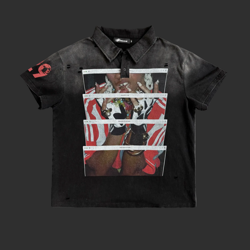 Washed Black Browser Polo Shirt - Distressed Graphic | FlipFit
