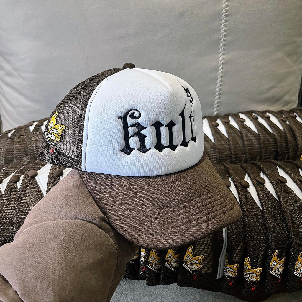 kult truck hat embroidered freighter hat for men and women street fashion casual sports butterfly dagger Brown hip hop hat