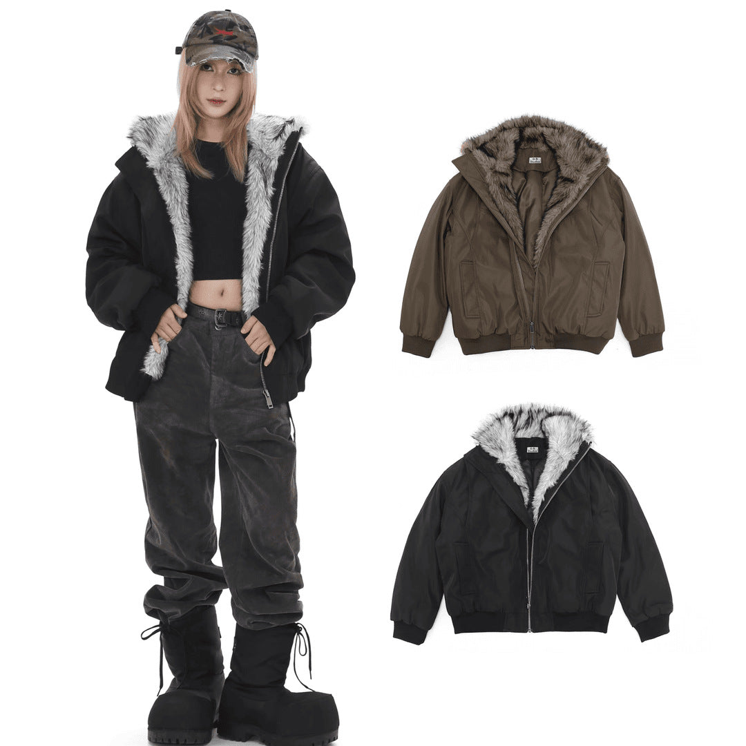 American Style Vintage High Street Mountain Carved Wool Collar Cotton-padded Jacket for Men and Women Couple's Aviator Jacket fleece-lined Warm Cotton-padded Clothes Fashion 162