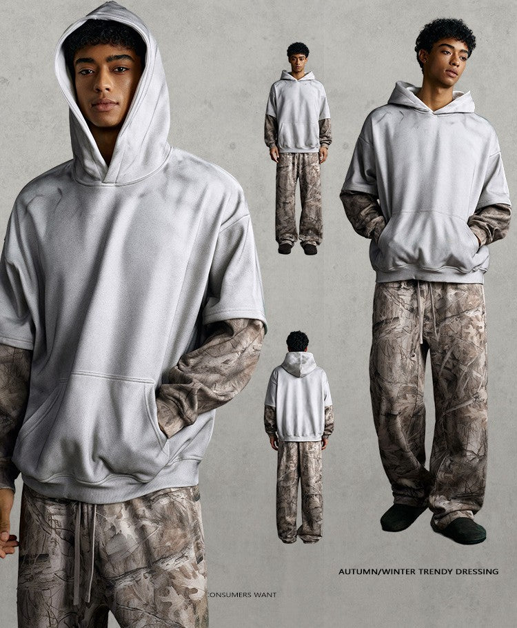 Street Style Chic 2025 American Retro Distressed Color Block Faux Two-Piece Camouflage Hooded Sweatshirt for Men 176