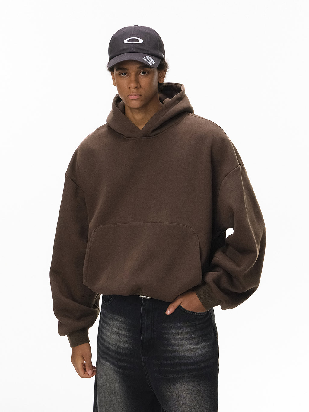 340G Heavyweight Fleece-Lined Hoodie with Curved Sleeves, Men's American Style, Cleanfit Short Solid Color Warm Hoodie 143