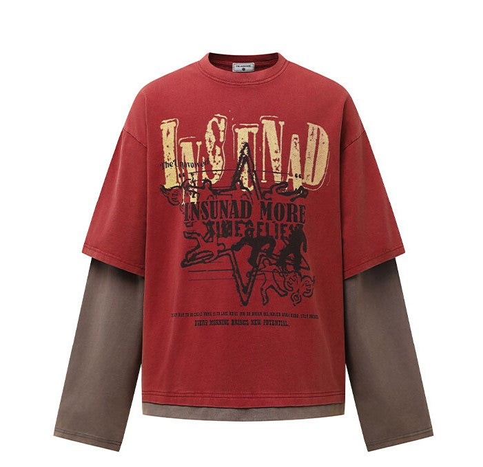 K787 American Retro Old Letter Printed Long-sleeved T-shirt Men's Fake Two-piece Sports Hip-hop Loose Casual Top 154