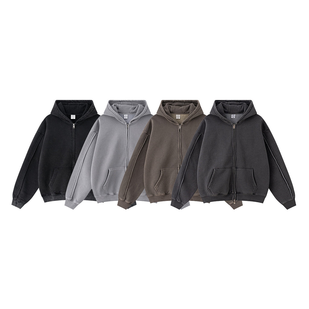 European and American high street style double-zip fleece-lined hooded sweatshirt with three-dimensional tailoring and thickened cardigan/jacket. 145