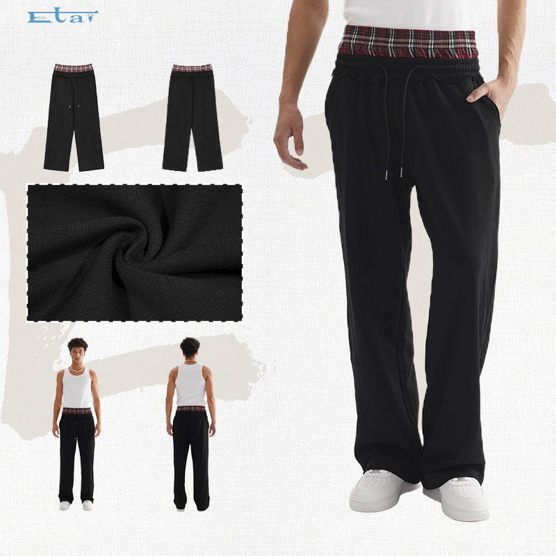 Men's Wear | Trendy Color-Blocked Wide-Leg Sweatpants with Adjustable Double Elastic Waistband, Casual Slouchy Pants 101