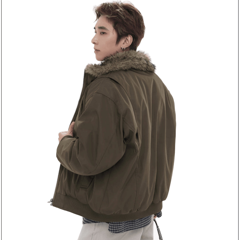 American Style Vintage High Street Mountain Carved Wool Collar Cotton-padded Jacket for Men and Women Couple's Aviator Jacket fleece-lined Warm Cotton-padded Clothes Fashion 162