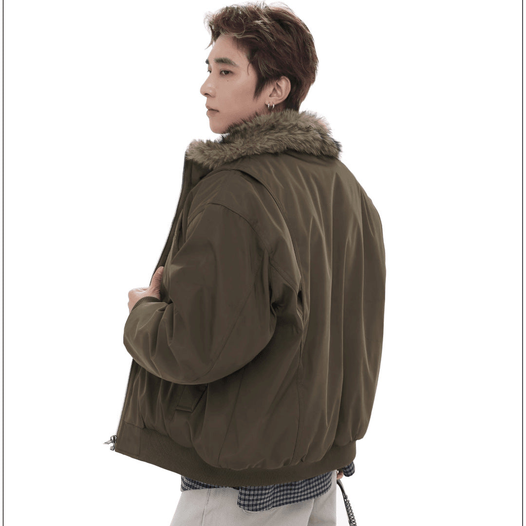 American Style Vintage High Street Mountain Carved Wool Collar Cotton-padded Jacket for Men and Women Couple's Aviator Jacket fleece-lined Warm Cotton-padded Clothes Fashion 162