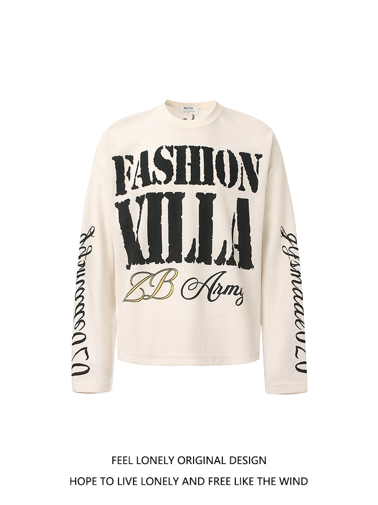 Feel lonely American retro letter waffle long-sleeved T-shirt for men, autumn, loose-fitting and high-quality top for couples. 147