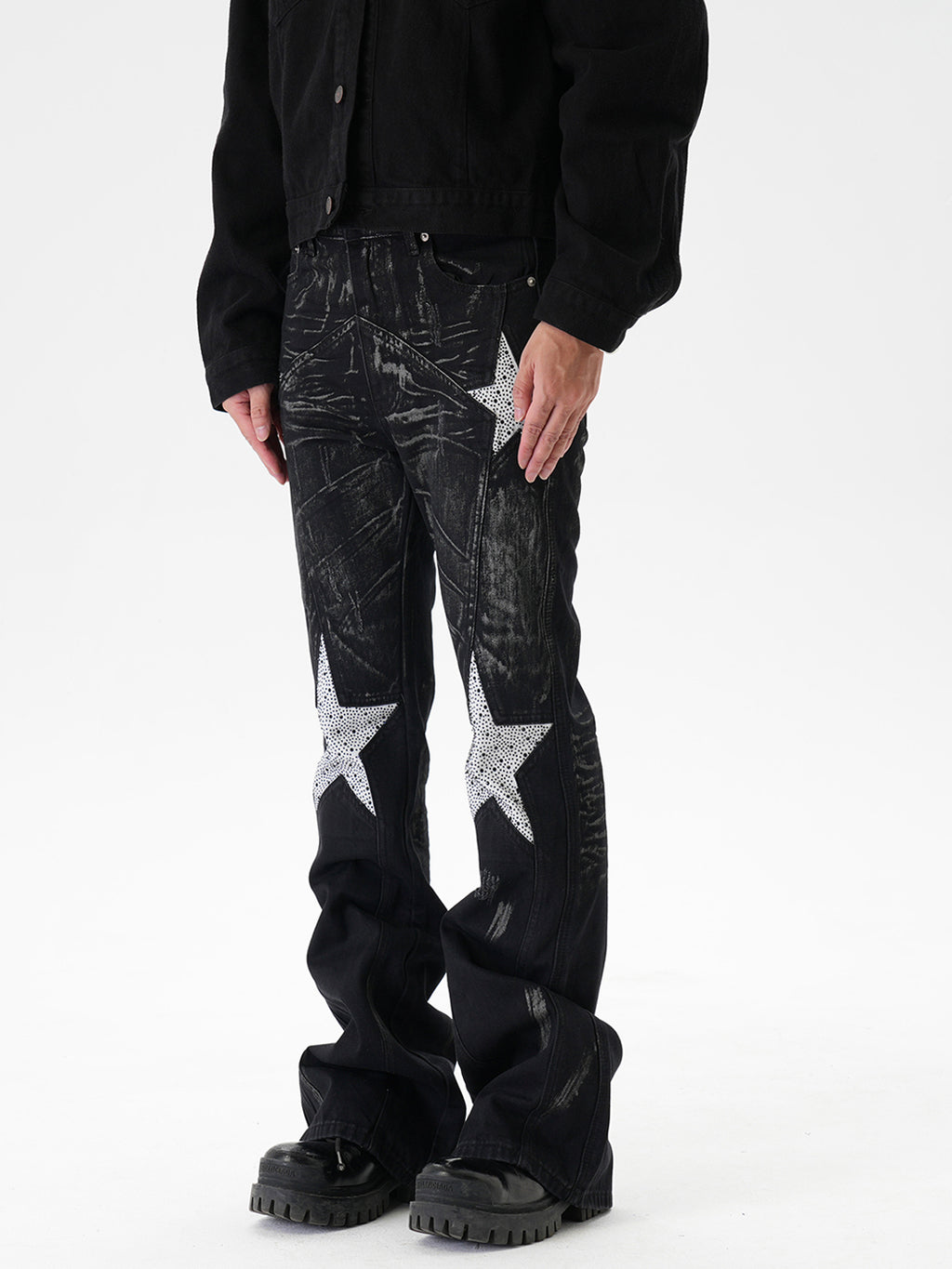 CWHAT American-style high street stitching three-dimensional tailoring deconstruction five-pointed star hot drilling brush dirty slim Micro-jeans men