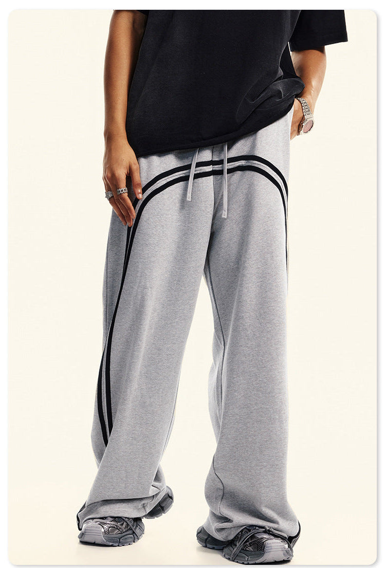 Autumn Street Style American Sporty Straight Leg Pants, Washed Striped Webbing Zipper Long Pants, Wide Leg Sweatpants for Men 105
