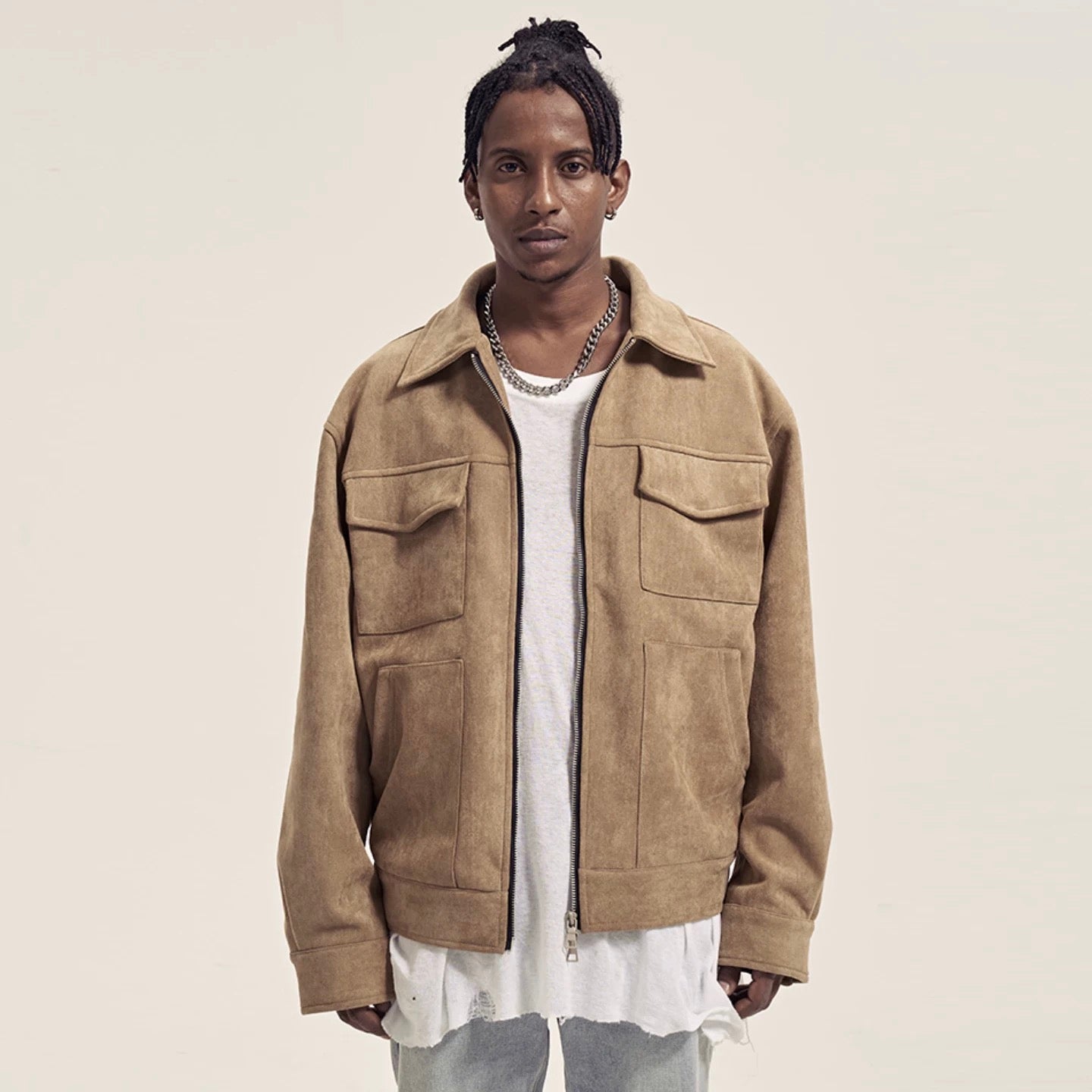 High Street Faux Double Pocket Trendy Retro Spring/Autumn Loose Zipper Casual Jacket Solid Color Coat for Men