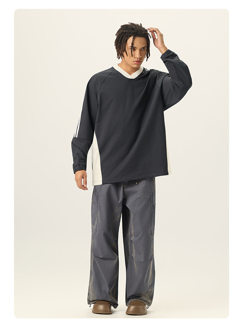 RS Men's Wear | College Style 285G Color Block V-Neck Long-Sleeve T-Shirt, 5A Antibacterial UPF50+ Sun Protection American Style Long-Sleeve T-Shirt 119