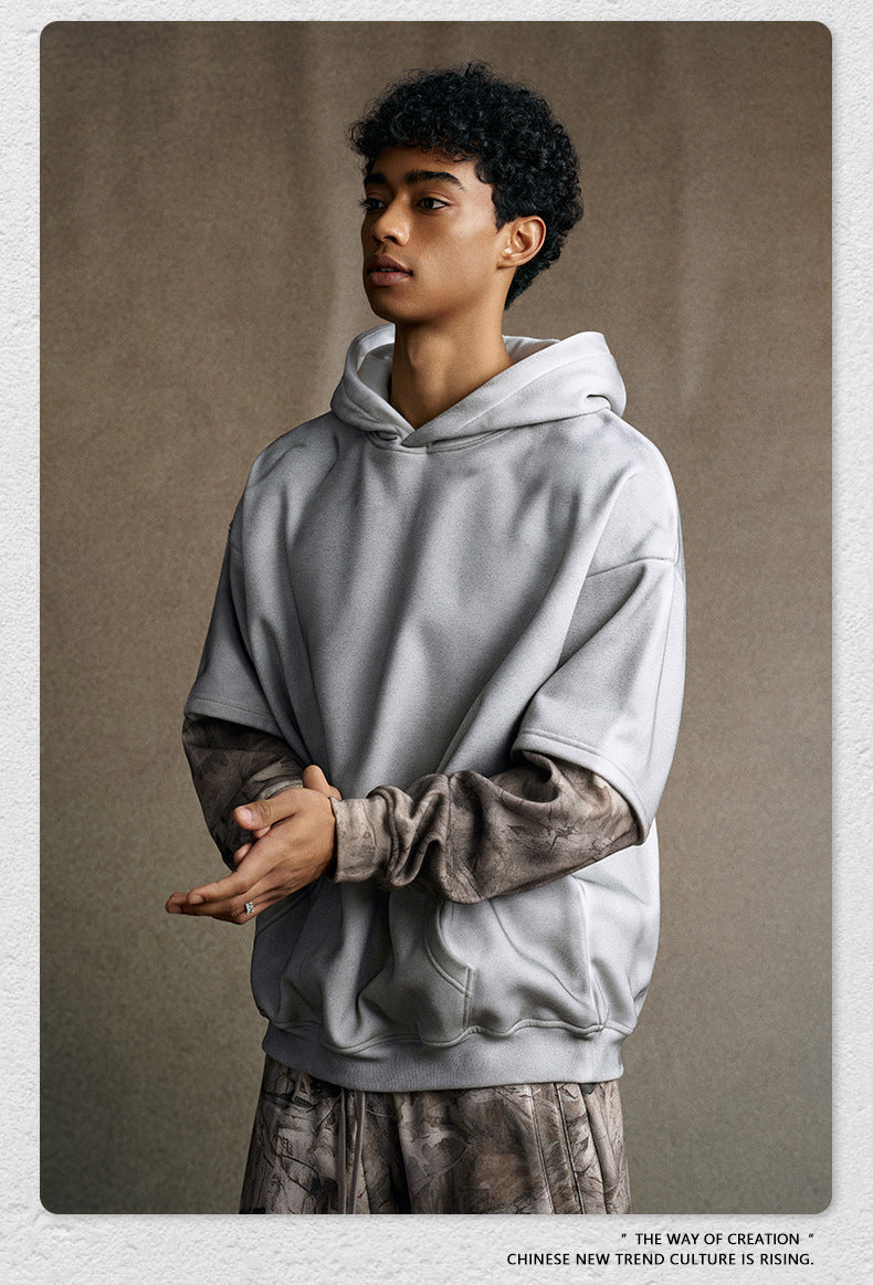 Street Style Chic 2025 American Retro Distressed Color Block Faux Two-Piece Camouflage Hooded Sweatshirt for Men 176