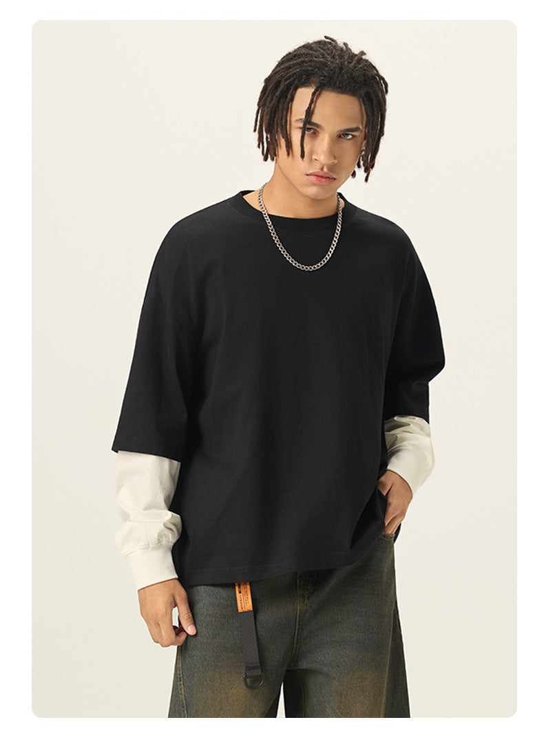 RS Men's Clothing | Cross-border Faux Two-Piece Color Block Long-Sleeve T-Shirt 280G Pure Cotton Short Wide Boxy American Style Patchwork Long-Sleeve T-Shirt 118