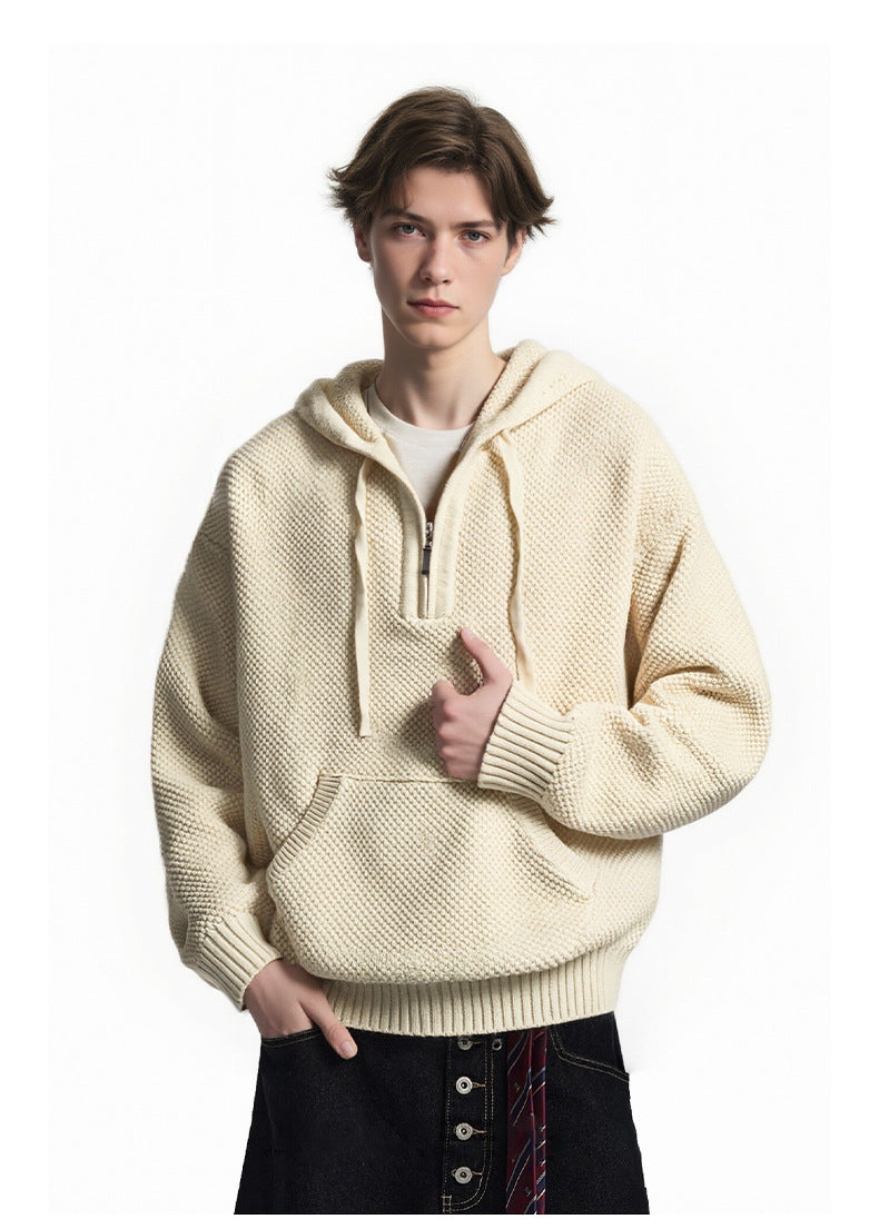 American Retro Textured Half-Zip Hooded Sweater for Men and Women, Autumn Cleanfit Knit Hoodie 171