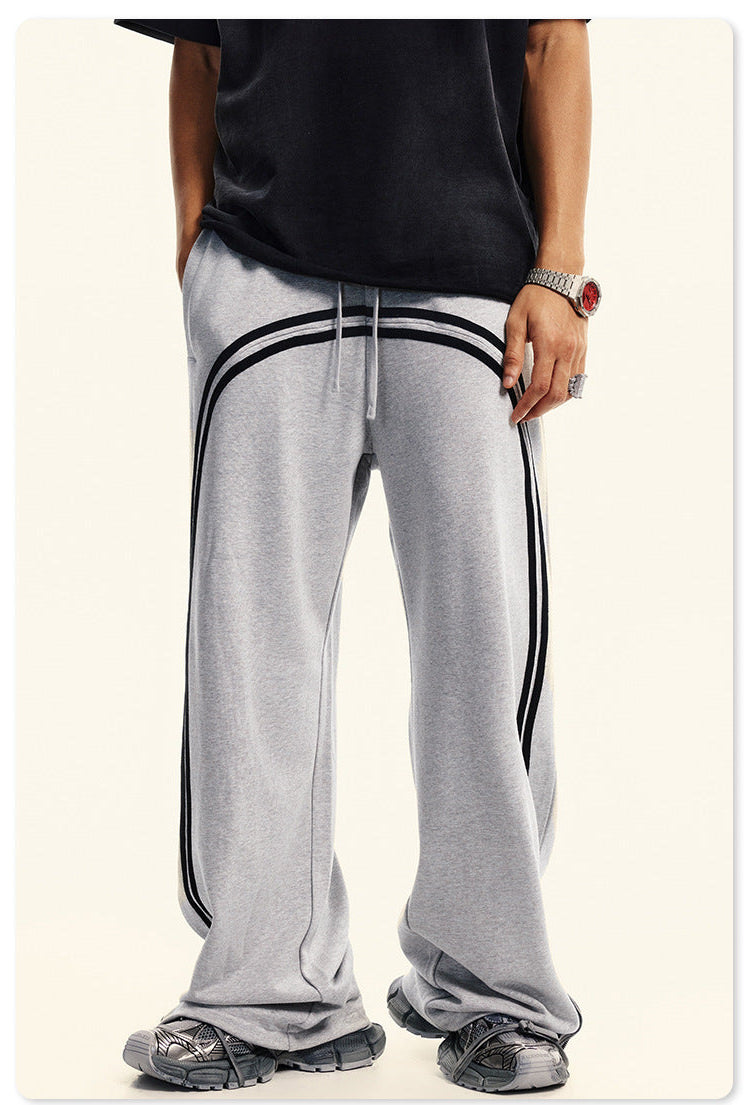 Autumn Street Style American Sporty Straight Leg Pants, Washed Striped Webbing Zipper Long Pants, Wide Leg Sweatpants for Men 105