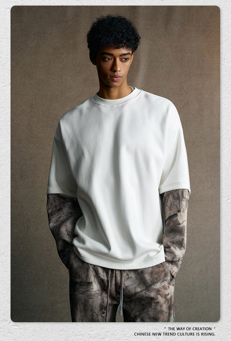 Street Style Chic American Retro Faux Two-Piece Camouflage Hip Hop Cool Layered Long-Sleeve T-Shirt for Men 175