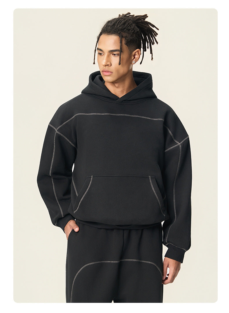 RS Men's Clothing | Cross-border 350G Hasselblad Line Boxy Hoodie Sweatshirt and Sweatpants Set, American Hip Hop Fleece Set 124