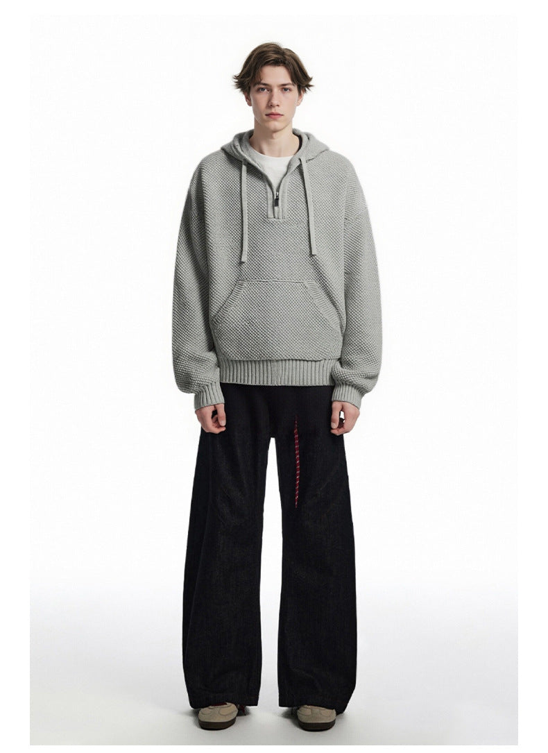 American Retro Textured Half-Zip Hooded Sweater for Men and Women, Autumn Cleanfit Knit Hoodie 171