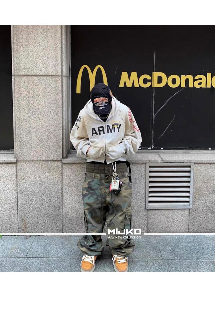 MIJKO Men's and Women's Triple-Waist Camouflage Cargo Pants with Buckle Waist Design, Casual Straight Leg Pants, Trendy 152