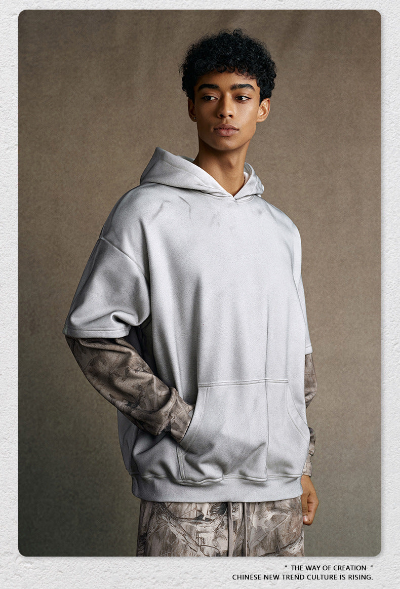 Street Style Chic 2025 American Retro Distressed Color Block Faux Two-Piece Camouflage Hooded Sweatshirt for Men 176