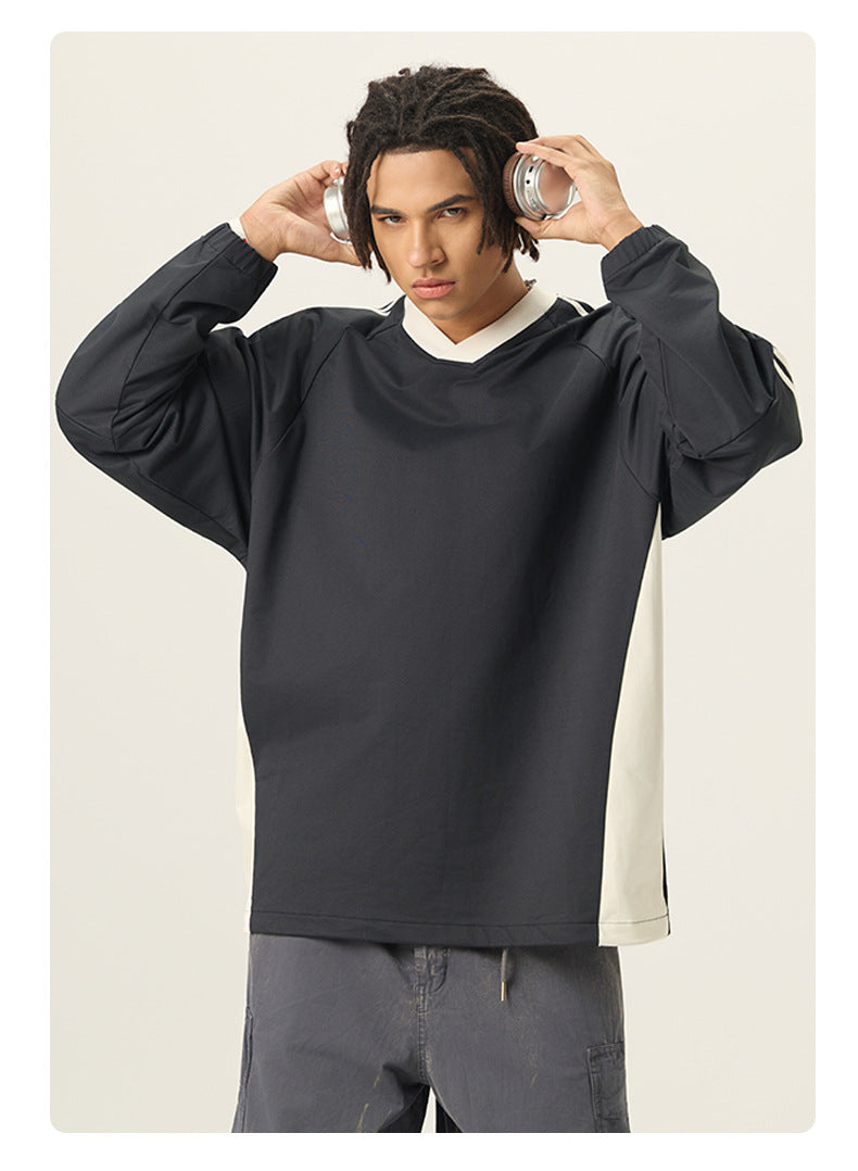 RS Men's Wear | College Style 285G Color Block V-Neck Long-Sleeve T-Shirt, 5A Antibacterial UPF50+ Sun Protection American Style Long-Sleeve T-Shirt 119