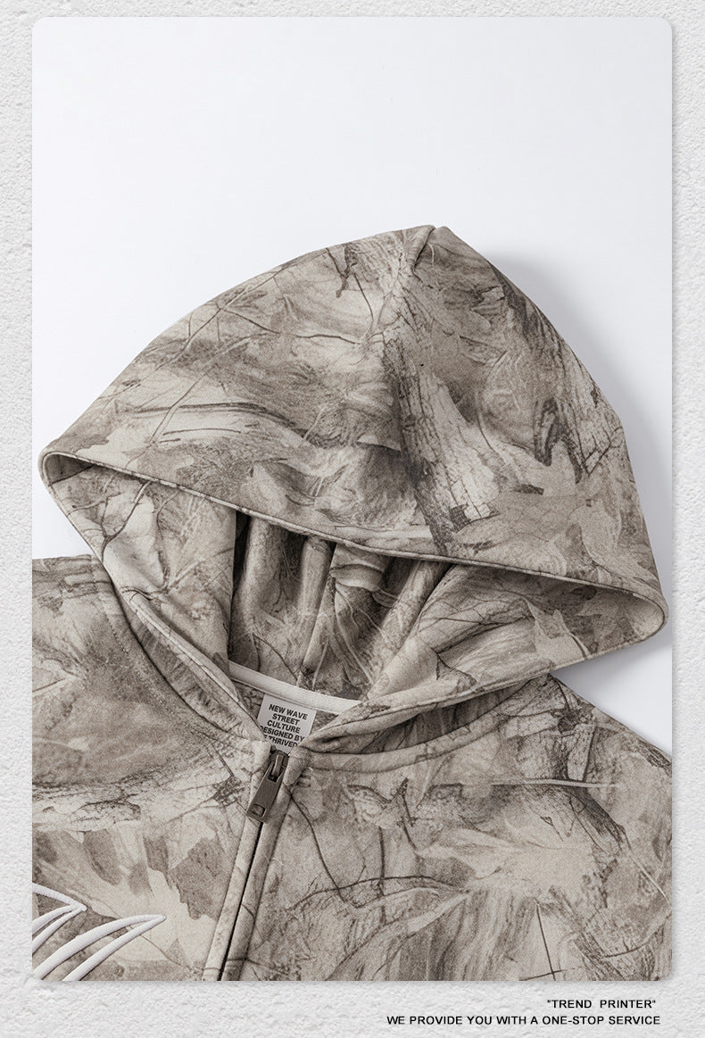 Street Style Chic Winter European and American Style Camouflage Embroidered Fleece-Lined Hoodie Jacket for Men 177