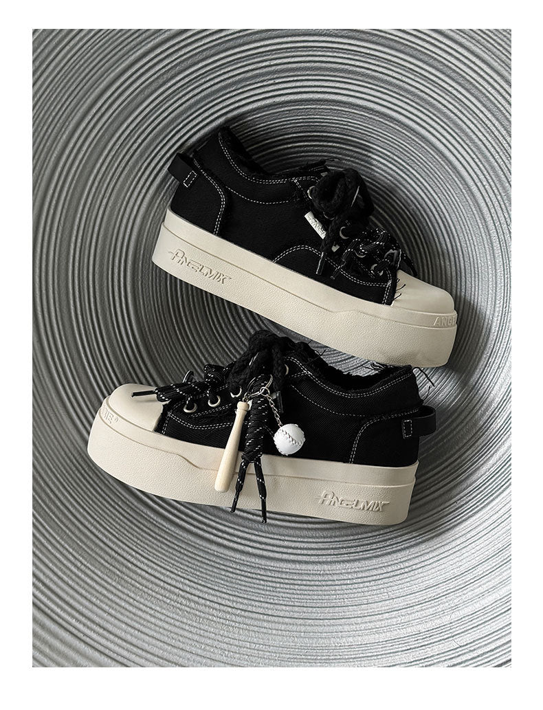 Thick-Soled Round-Toe Mickey Black and White Chunky Sneakers