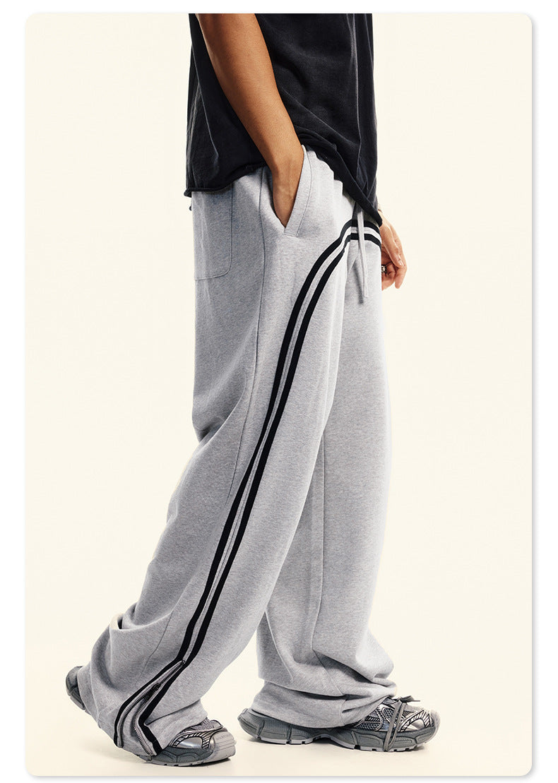 Autumn Street Style American Sporty Straight Leg Pants, Washed Striped Webbing Zipper Long Pants, Wide Leg Sweatpants for Men 105