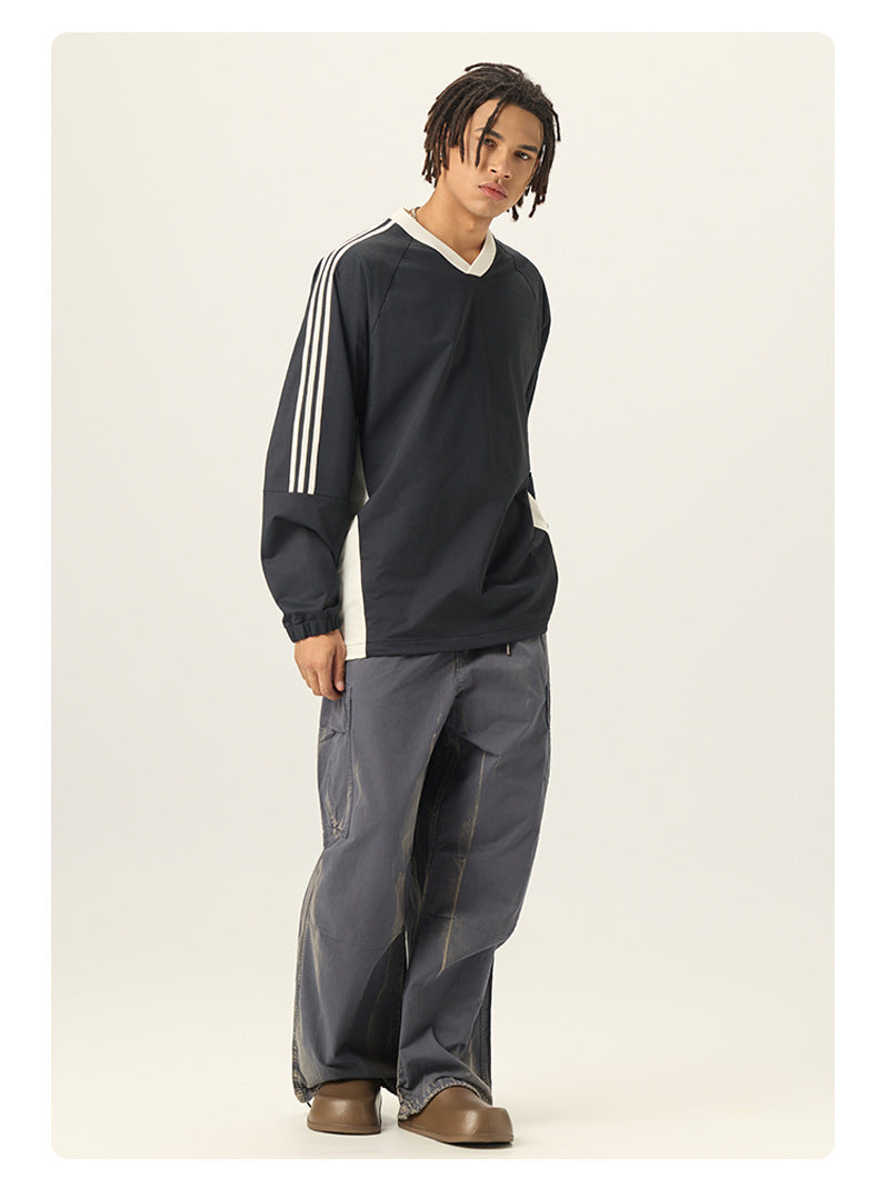 RS Men's Wear | College Style 285G Color Block V-Neck Long-Sleeve T-Shirt, 5A Antibacterial UPF50+ Sun Protection American Style Long-Sleeve T-Shirt 119