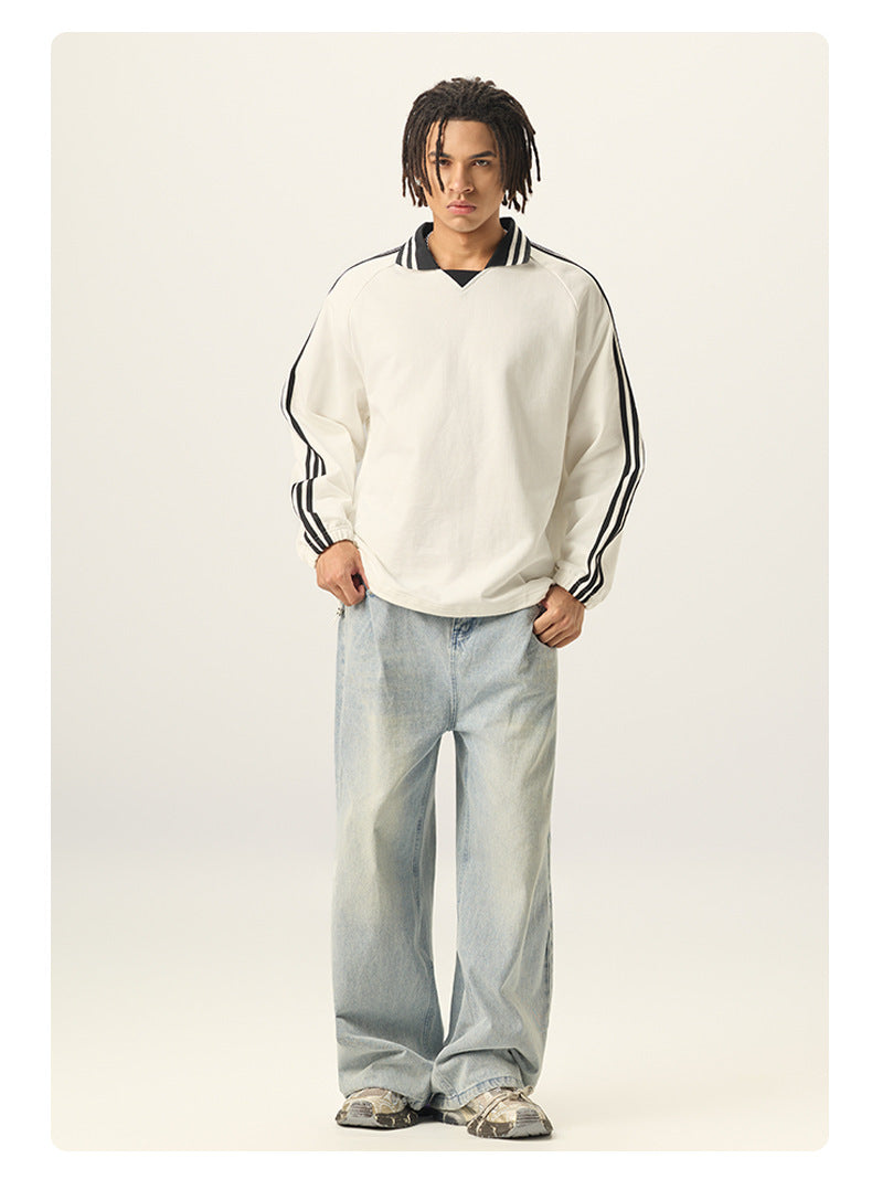 RS Men's Clothing | Cross-border American Striped Pure Cotton Sweatshirt Men's 380G College Style Color Block Turn-down Collar Commuting Men's Sweatshirt 120