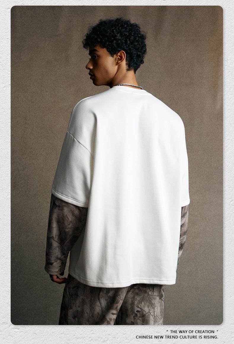 Street Style Chic American Retro Faux Two-Piece Camouflage Hip Hop Cool Layered Long-Sleeve T-Shirt for Men 175