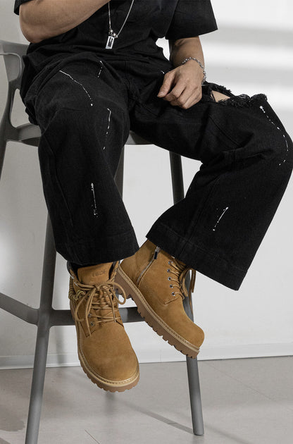 Tbof【Lightweight】Men's Leather High-Top Martin Boots, Outdoor Work Hiking Shoes, Thick-Soled Height-Increasing Yellow Boots