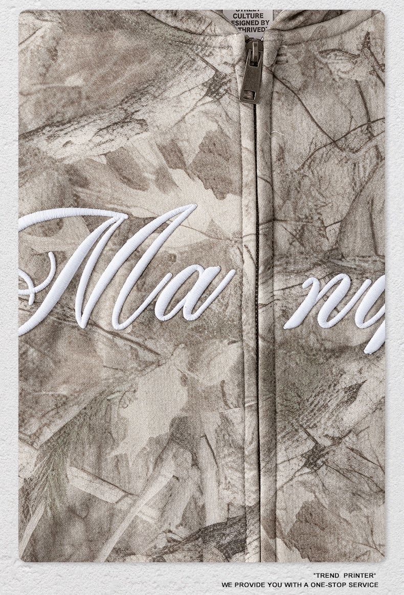 Street Style Chic Winter European and American Style Camouflage Embroidered Fleece-Lined Hoodie Jacket for Men 177