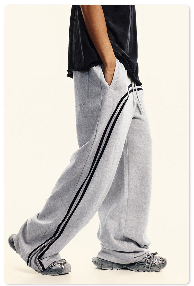 Autumn Street Style American Sporty Straight Leg Pants, Washed Striped Webbing Zipper Long Pants, Wide Leg Sweatpants for Men 105