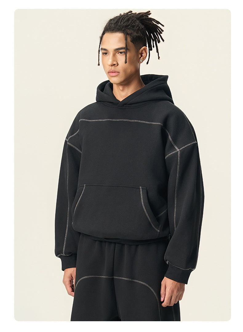 RS Men's Clothing | Cross-border 350G Hasselblad Line Boxy Hoodie Sweatshirt and Sweatpants Set, American Hip Hop Fleece Set 124
