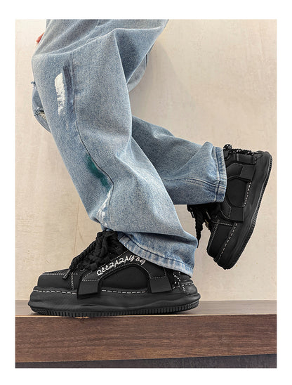 Thick-Soled Black Braided Sports Sneakers