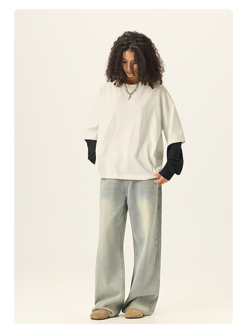 RS Men's Clothing | Cross-border Faux Two-Piece Color Block Long-Sleeve T-Shirt 280G Pure Cotton Short Wide Boxy American Style Patchwork Long-Sleeve T-Shirt 118