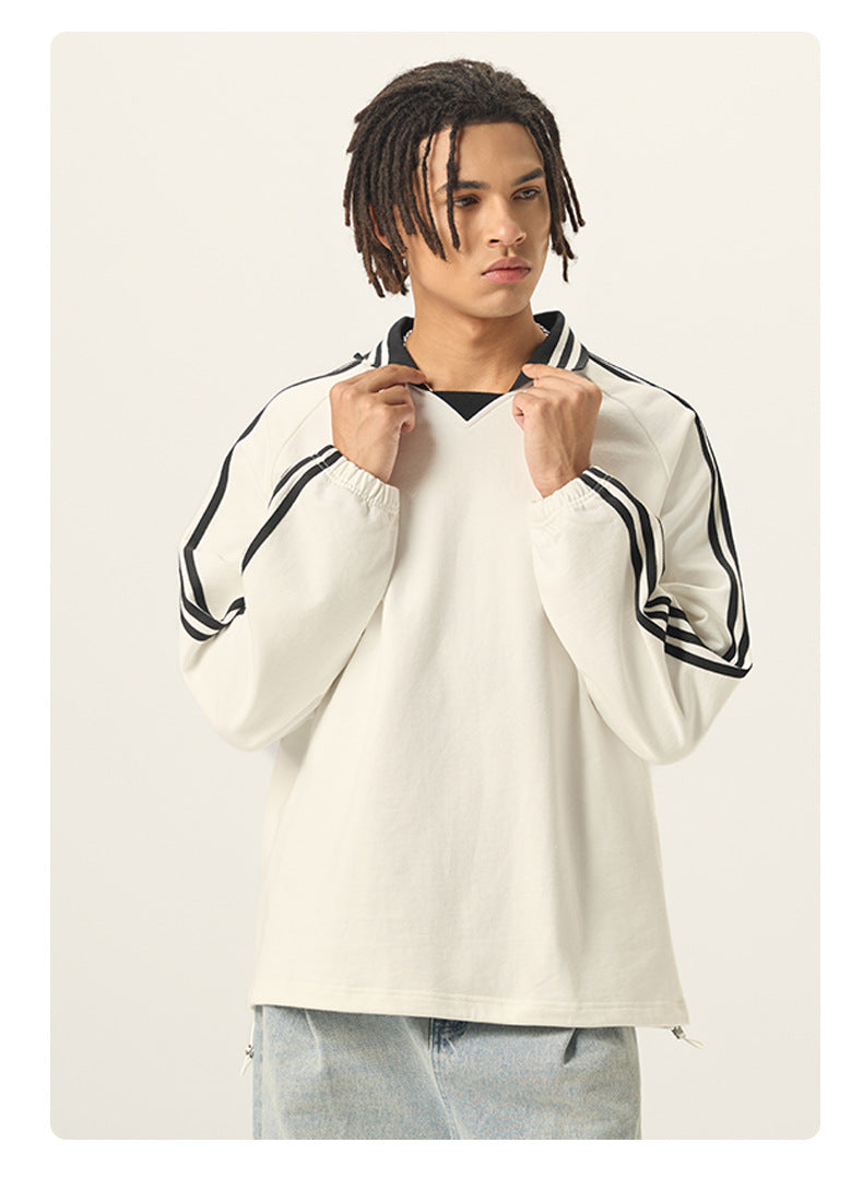 RS Men's Clothing | Cross-border American Striped Pure Cotton Sweatshirt Men's 380G College Style Color Block Turn-down Collar Commuting Men's Sweatshirt 120