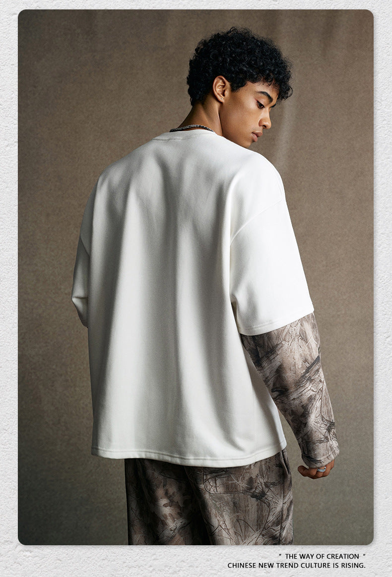Street Style Chic American Retro Faux Two-Piece Camouflage Hip Hop Cool Layered Long-Sleeve T-Shirt for Men 175